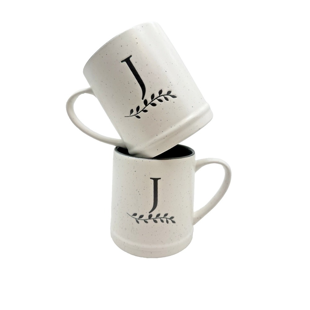 Set of 2 Monogram Initial J Coffee Mugs Speckled Cream & Black Interior